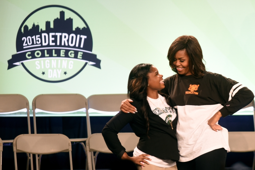 First Lady Michelle Obama joined over 2,000 Detroit high school seniors for college signing day at Wayne State University Friday May 1, 2015. (Tanya Moutzalias | MLive Detroit)
